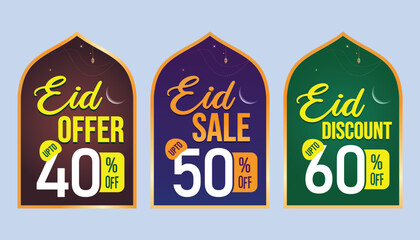 Eid Offer 40%, 50%, 60%, Off tags. Eid Sale badges template. Sale offer price sign. Special offer symbol. Discount promotion. Discount badge shape. Vector