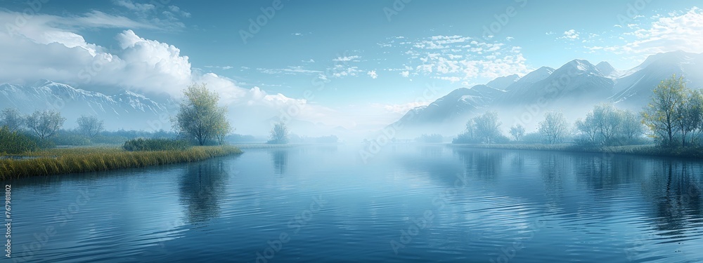 Poster a serene digital river flowing through a landscape, symbolizing the smooth operation of secure netwo