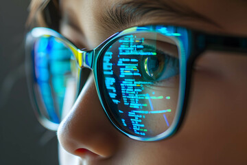 Close up eye kid with glasses. Coding reflective glasses, learn programming and coding from a young age