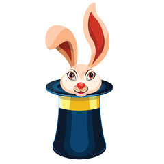 Vector illustration of a white rabbit peeking out of a magical hat © Wirestock
