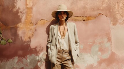 A minimalist street style shot of a model in head-to-toe beige  playing with textures and layering...