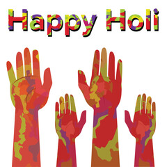Pair of hands holding the word 'Happy Holi' written in vibrant colors against a white background