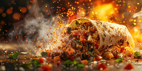 Flying Burrito with Smoke Plume in MidAir, Conceptual Food Photography Capturing Motion and Drama
