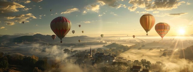 A serene morning where balloons lift an entire town into the sky. - obrazy, fototapety, plakaty