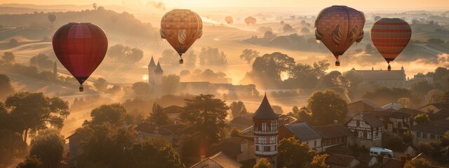 A serene morning where balloons lift an entire town into the sky. - 767982071