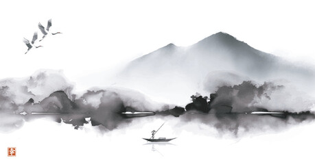 Monochrome ink wash painting with mountains, a fisherman, couple of cranes in the sky and forest trees reflecting in water. Hieroglyph - happiness