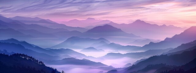 A serene mountain landscape at dawn, with mist rolling over gentle slopes.