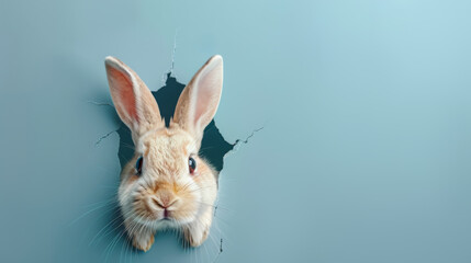 Cute Bunny Peeking Through a Hole on Blue Background - 767982243