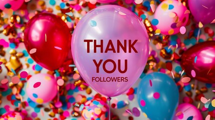 THANK YOU FOLLOWERS text with balloons and confetti background