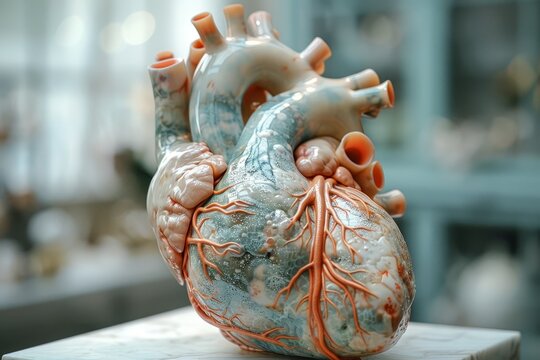  A futuristic 3D model of the human heart with detailed blood vessels, showcasing advanced medical visualization technology