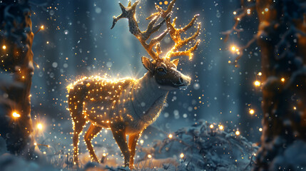 A magic festive reindeer covered in glowing lights, A Beautiful Christmas festive winter scene, Generative Ai