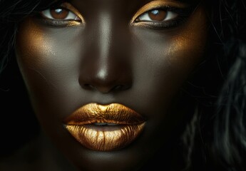 Black woman with golden hair, lips, eyebrows and eyes, picture of her face on a black background - obrazy, fototapety, plakaty