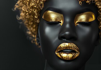 Black woman with golden hair, lips, eyebrows and eyes, picture of her face on a black background