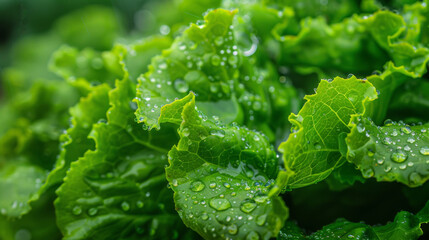 Close-up of vibrant green lettuce leaves beaded with refreshing morning dew, capturing nature's purity.