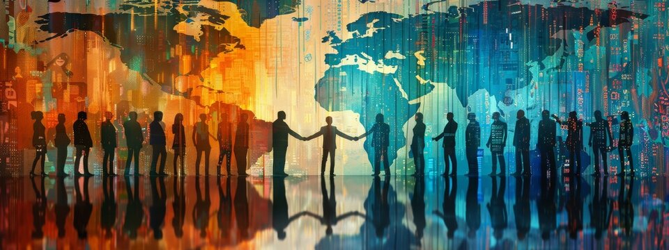 A series of digital handshakes between diverse, silhouetted figures around the globe, symbolizing collaborative efforts in fortifying supply chain defenses, against a backdrop of a digital world map.