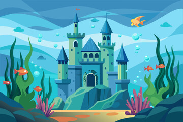 underwater mermaid castle with three towers  