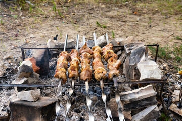 Shish kebab on the improvised oven made of brick