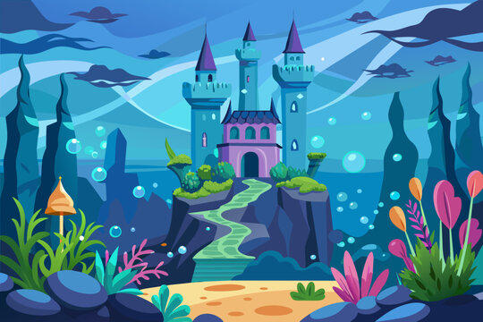 underwater mermaid castle with three towers  