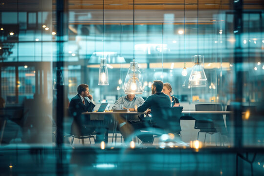 Diverse group of business professionals having a meeting in a modern conference room with glass walls and table