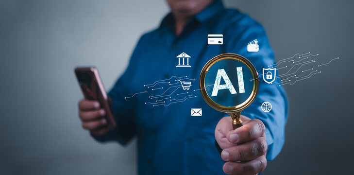 Business executive uses artificial intelligence to manage marketing with Data analysis, search engine optimization or SEO. magnifier, Business development system with ai