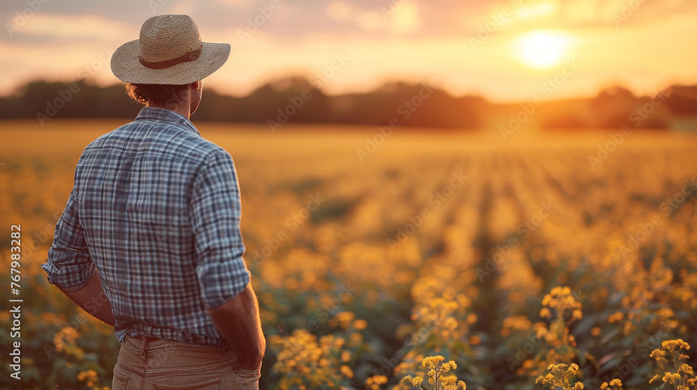 Wall mural Back view of a farmer standing in soybean fields. Daytime light nature.