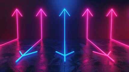 Neon arrows point upward at an angle. Blue and pink arrows on a dark background. Neon day. Neon party. Copy space. Blurred background