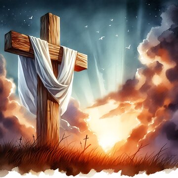 Ethereal Watercolor Art: Wooden Cross with White Cloth against Dramatic Sky