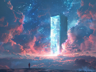 A concept art piece of a solitary figure standing before a towering door suspended in a starlit sky with ethereal beings and a divine entity encouraging the leap of faith