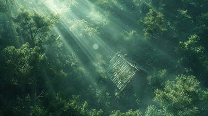 A concept art showing a top view of a cozy tent hidden under the canopy of an expansive green forest with rays of light filtering through the trees - obrazy, fototapety, plakaty