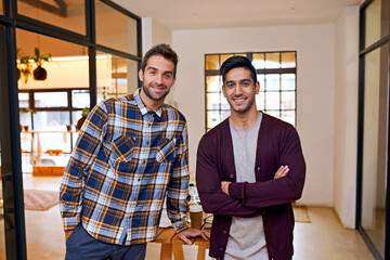 Small business, partner and portrait of men at creative startup with smile, confidence and...
