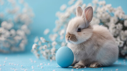 Cute Bunny With Blue Easter Egg on Pastel Background - 767983810