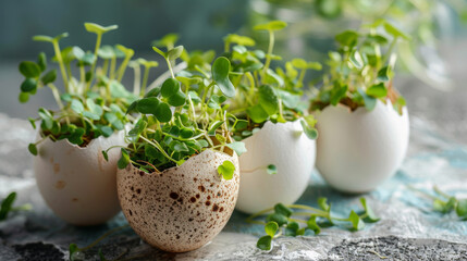 Group of eggs with sprouts growing out, resembling houseplants in flowerpots - 767984002