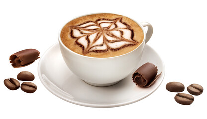 xícara com delicioso cappuccino cremoso acompanhado de raspas de chocolate e grãos de café...