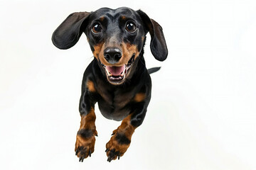 happy dog German haired dwarf Dachshund running front view with white background