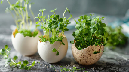 Group of eggs with sprouts growing out, resembling houseplants in flowerpots - 767984263