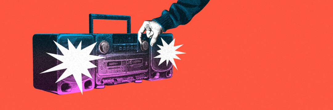 Huan hand making music on boombox louder against red background. Party time, enjoyment and fun. Contemporary art collage. Concept of retro and vintage, music, creativity. Poster, ad
