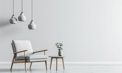 Interior: Blank white wall with a grey armchair and coffee table, and a beautiful plant. Modern lamps, contemporary design.