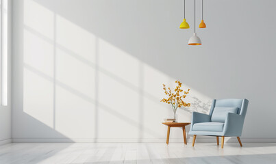 Interior: Blank white wall with ablue grey armchair and coffee table, and a beautiful plant. Modern lamps, contemporary design.