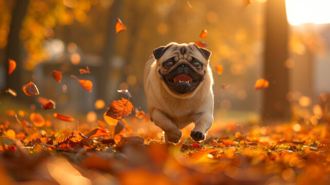 A joyful pug dog running outdoors surrounded by falling autumn leaves at sunset.