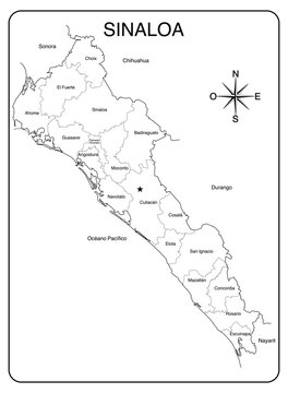 Map with political division in black and white, of the State of Sinaloa in Mexico