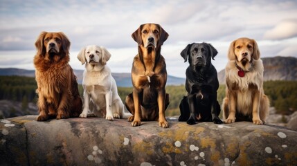 A group of five dogs are sitting on a rock, with one of them being a black dog