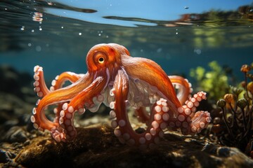 Marine octopus playing with floating objects., generative IA - obrazy, fototapety, plakaty