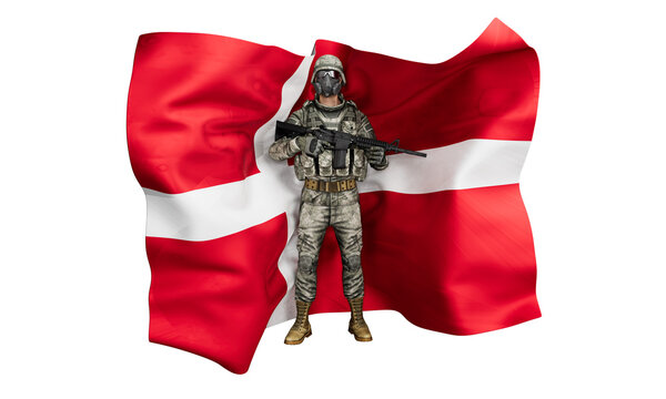 Armed Soldier in Combat Gear with the Danish Flag in the Background