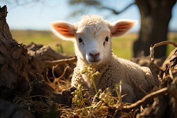 Newborn sheep is shyly approaching your mother., generative IA - obrazy, fototapety, plakaty