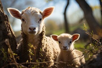 Newborn sheep is shyly approaching your mother., generative IA
