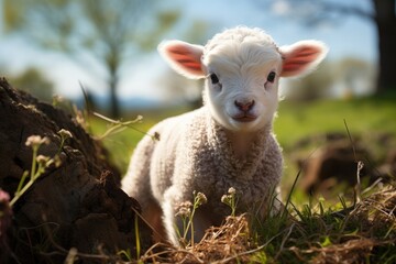 Newborn sheep is shyly approaching your mother., generative IA - obrazy, fototapety, plakaty