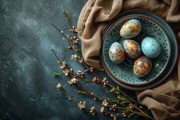 Easter banner with painted eggs and napkin on dark backround