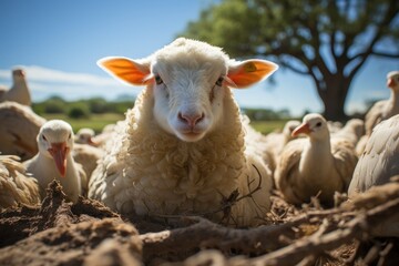 Obraz premium Sheep in harmony with chickens and ducks on the farm., generative IA