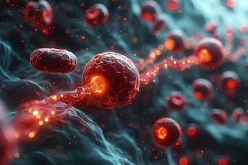 A futuristic 3D representation of nanobots navigating through blood vessels and interacting with cells, symbolizing advanced medicine