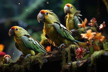 Foto auf Acrylglas Colorful parrots interact in the lush jungle., generative IA © JONATAS